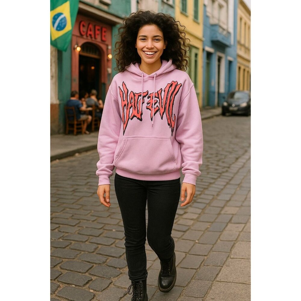 333 Half Evil Pink Hoodie Size S Graphic Streetwear Bold Urban Gen Z Look Pastel